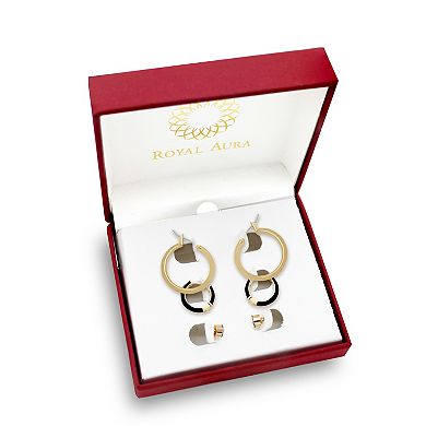 Royal Aura Black Enamel & Gold Tone Hoop & Stud Earring Trio Set