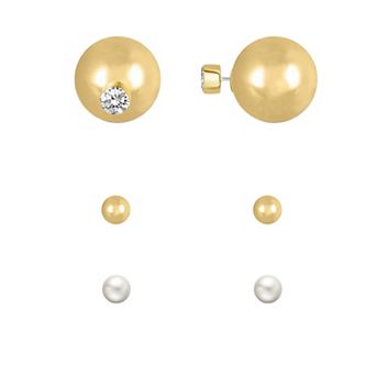 Royal Aura Gold Tone Sphere & Simulated Pearl Stud Earring Trio Set