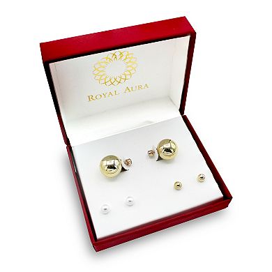 Royal Aura Gold Tone Sphere & Simulated Pearl Stud Earring Trio Set