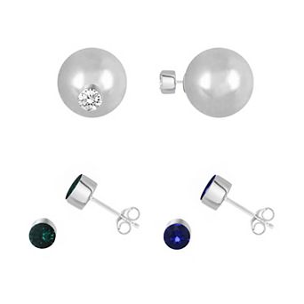 Royal Aura Silver Tone Sphere & Colored Crystal Stud Earring Trio Set