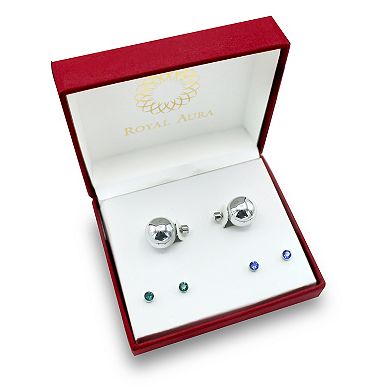 Royal Aura Silver Tone Sphere & Colored Crystal Stud Earring Trio Set