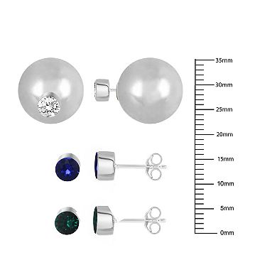 Royal Aura Silver Tone Sphere & Colored Crystal Stud Earring Trio Set