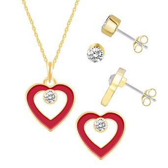 Royal Aura Red Enamel Heart & Stud Earring Trio Set