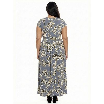24seven Comfort Apparel Plus Size Floral V-Neck Cap Sleeve Side Slit Pocket Maxi Dress