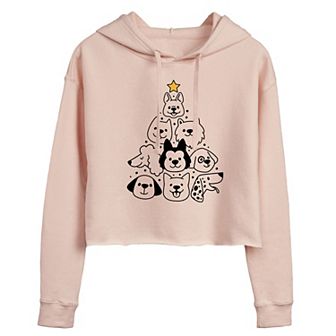 Juniors' Dog Christmas Tree Cropped Hoodie