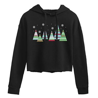 Juniors' Patterned Christmas Trees Cropped Hoodie