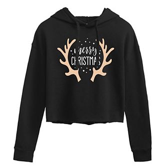 Juniors' Christmas Deer Cropped Hoodie