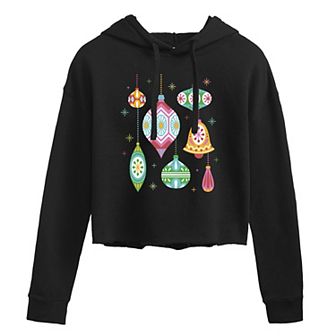 Juniors' Retro Christmas Ornaments Cropped Hoodie