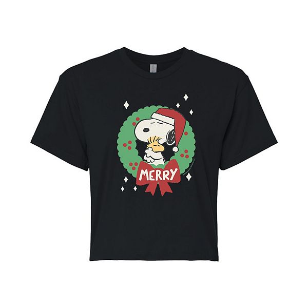 Juniors' Peanuts Merry Cropped Graphic Tee