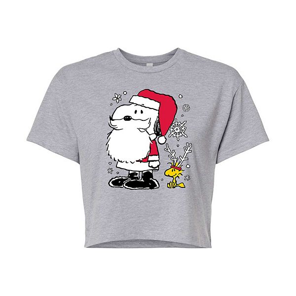 Juniors' Peanuts Santa Cropped Graphic Tee