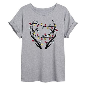 Juniors' Reindeer Lights Oversized Graphic Tee