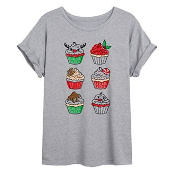Juniors' Christmas Cupcakes Oversized Graphic Tee