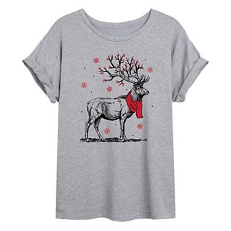 Juniors' Christmas Elk Oversized Graphic Tee