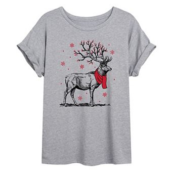 Juniors' Christmas Elk Oversized Graphic Tee