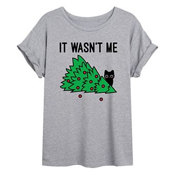 Juniors' Wasn't Me Tree Cat Oversized Graphic Tee