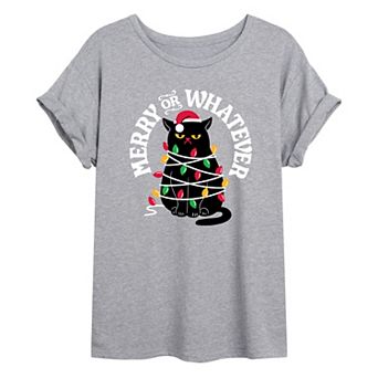 Juniors' Merry Whatever Cat Oversized Graphic Tee