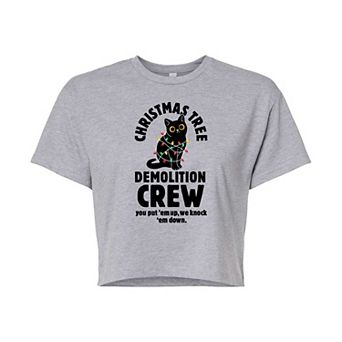 Juniors' Christmas Demo Cat Cropped Graphic Tee