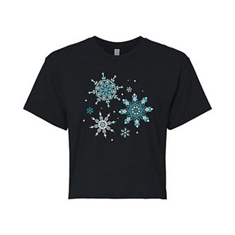 Juniors' Snowflakes Cropped Graphic Tee