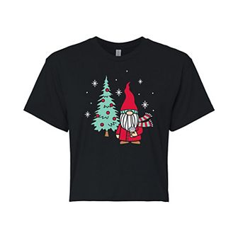 Juniors' Christmas Gnome Cropped Graphic Tee