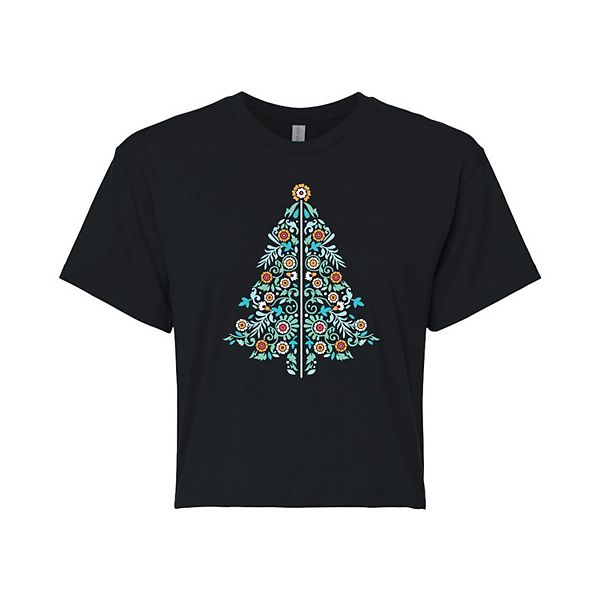 Juniors' Christmas Tree Cropped Graphic Tee