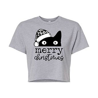 Juniors' Merry Christmas Cat Cropped Tee