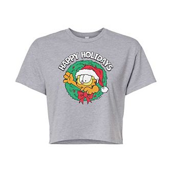 Juniors' Garfield "Happy Holidays" Wreath Cropped Graphic Tee