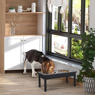 PawHut 2 Stainless Steel Pet Bowls 23"L Durable Wooden Heavy Duty Dog Feeding Station Black