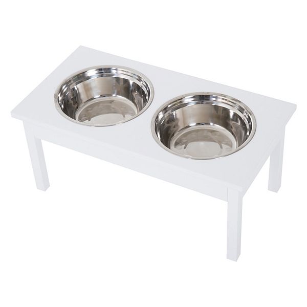 PawHut 2 Stainless Steel Pet Bowls 23"L Durable Wooden Heavy Duty Dog Feeding Station   Black - White