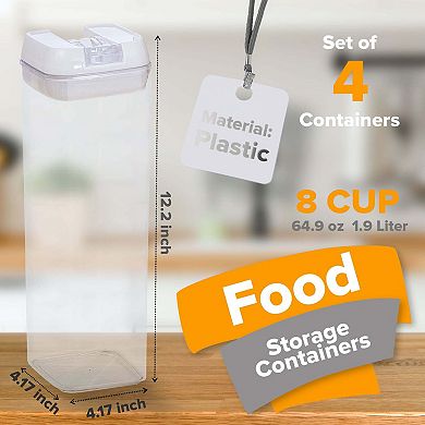 Cheer Collection One Size Airtight Food Storage Containers - Set of 4 IDENTICAL 65 oz Pantry Organizer Bins plus Marker and Labels