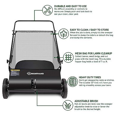 Right Hand Lawn Sweeper with Rubber Wheels, Push Garden Rake and Leaf Collector