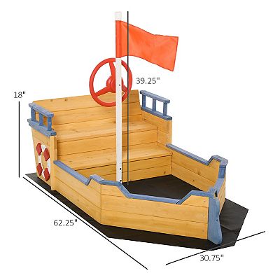 Outsunny Kids Sandbox Pirate Ship Play Boat w/ Bench Seats and Storage Cedar Wood