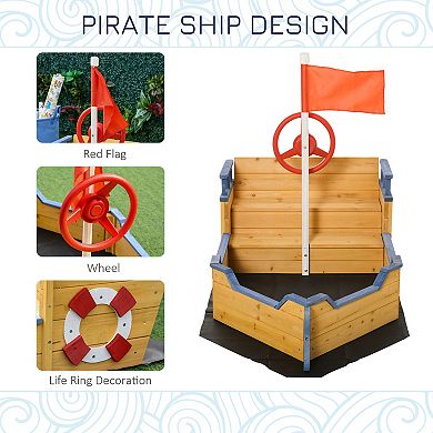 Outsunny Kids Sandbox Pirate Ship Play Boat w/ Bench Seats and Storage Cedar Wood