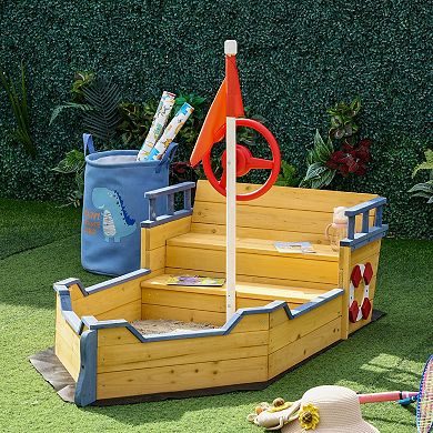 Outsunny Kids Sandbox Pirate Ship Play Boat w/ Bench Seats and Storage Cedar Wood