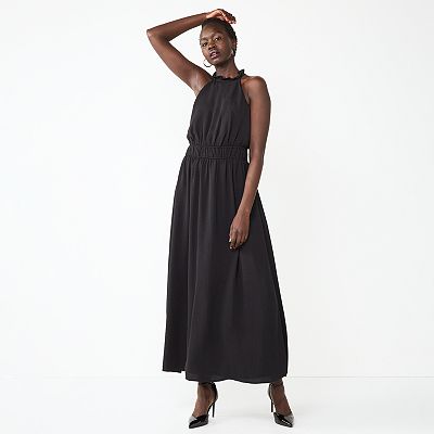 slim fit dress slacks Navy blue halter dress with gathered back main image 1
