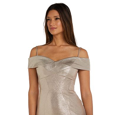 Juniors' Nightway Long Shimmer Portrait Collar Dress