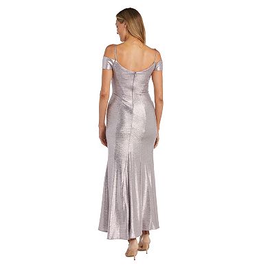 Juniors' Nightway Long Shimmer Portrait Collar Dress