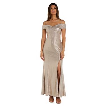 Juniors' Nightway Long Shimmer Portrait Collar Dress