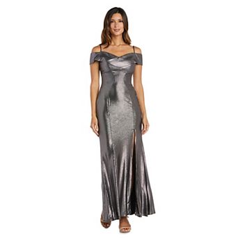 Juniors' Nightway Long Shimmer Portrait Collar Dress
