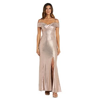 Juniors' Nightway Long Shimmer Portrait Collar Dress