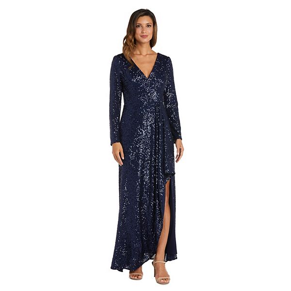 Women's Nightway Sequin Long Sleeve Mock Wrap Evening Gown