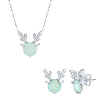 Nautica Rocks Sterling Silver Opal Deer Pendant & Stud Earring Duo Set