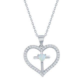 Sterling Silver Opal & Cubic Zirconia Cross Heart Pendant Necklace