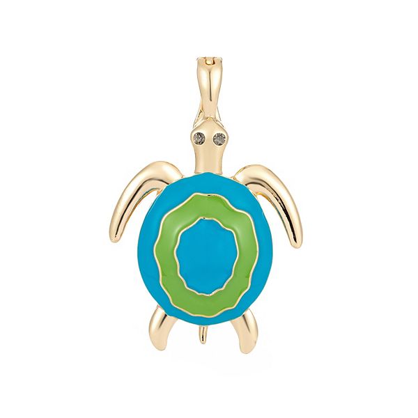 Wearable Art Gold Tone Blue Green Turtle Enhancer Pendant