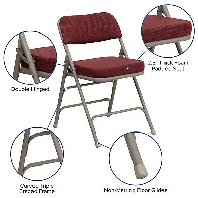 Emma and Oliver 2 Pack Curved Triple Braced & Double Hinged Burgundy Fabric Metal Folding Chair