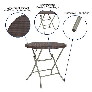 Emma and Oliver 2.6-Foot Round Brown Rattan Plastic Folding Table - Outdoor Event Table
