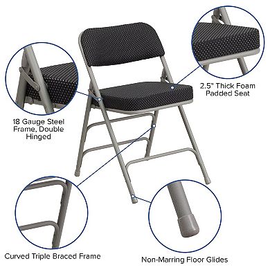 Emma and Oliver 2 Pack Premium Curved Triple Braced & Double Hinged Black Pin-Dot Fabric Metal Folding Chair