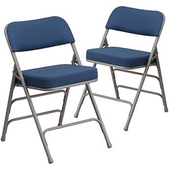 Emma and Oliver 2 Pack Premium Curved Triple Braced & Double Hinged Navy Fabric Metal Folding Chair