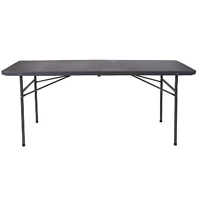 Emma and Oliver 6-Foot Bi-Fold Brown Wood Grain Plastic Folding Table with Carrying Handle