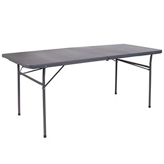 Emma and Oliver 6-Foot Bi-Fold Brown Wood Grain Plastic Folding Table with Carrying Handle