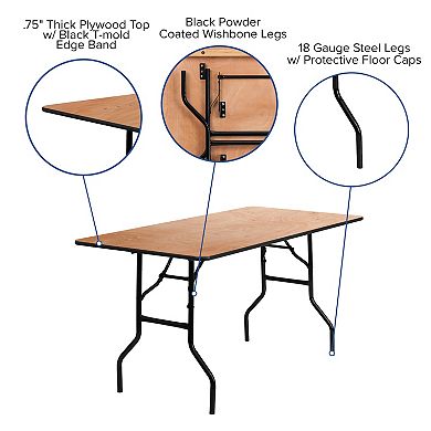 Emma and Oliver 5-Foot Rectangular Wood Folding Banquet Table with Clear Coated Finished Top